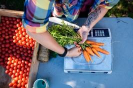 overhead image of carrots being placed on a scale